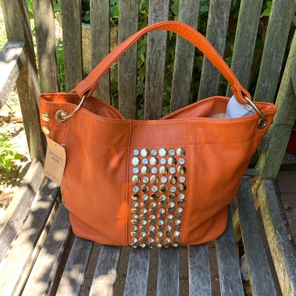 Belle France Handbags - Belle France Studs And Rhinestones Orange Purse.
